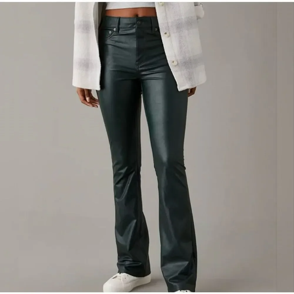 American Eagle Stretch Vegan Leather Green Super High-Waisted Kick Boot Pant 12